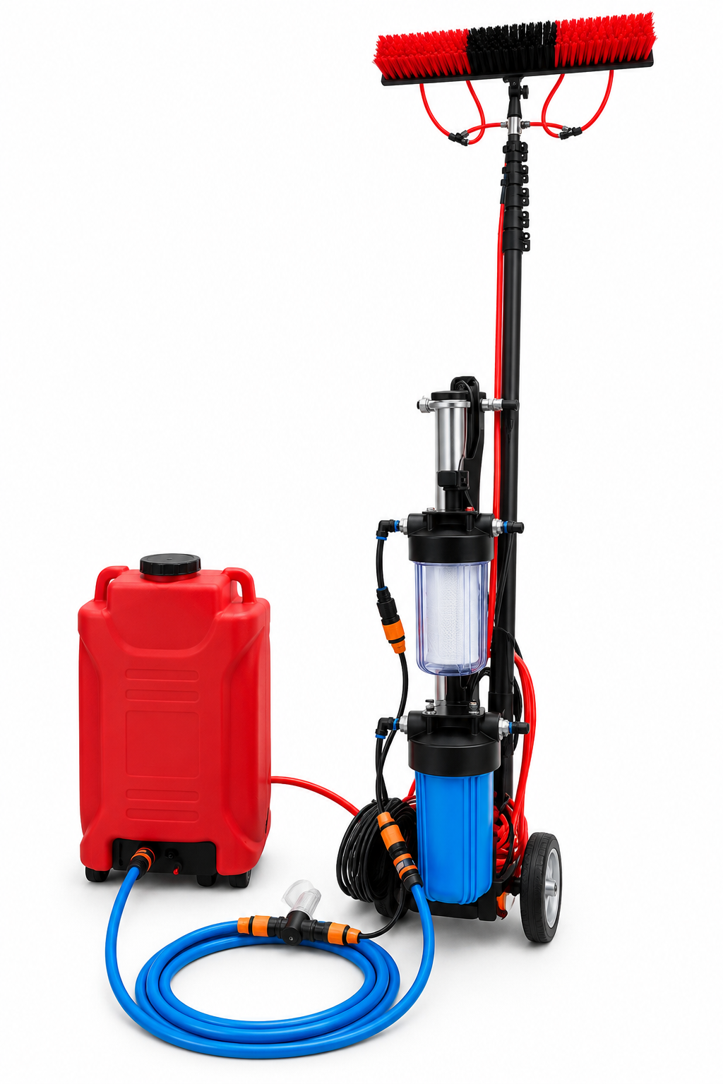 Water fed pole cleaning system with brush, portable purification equipment, water tank and hoses