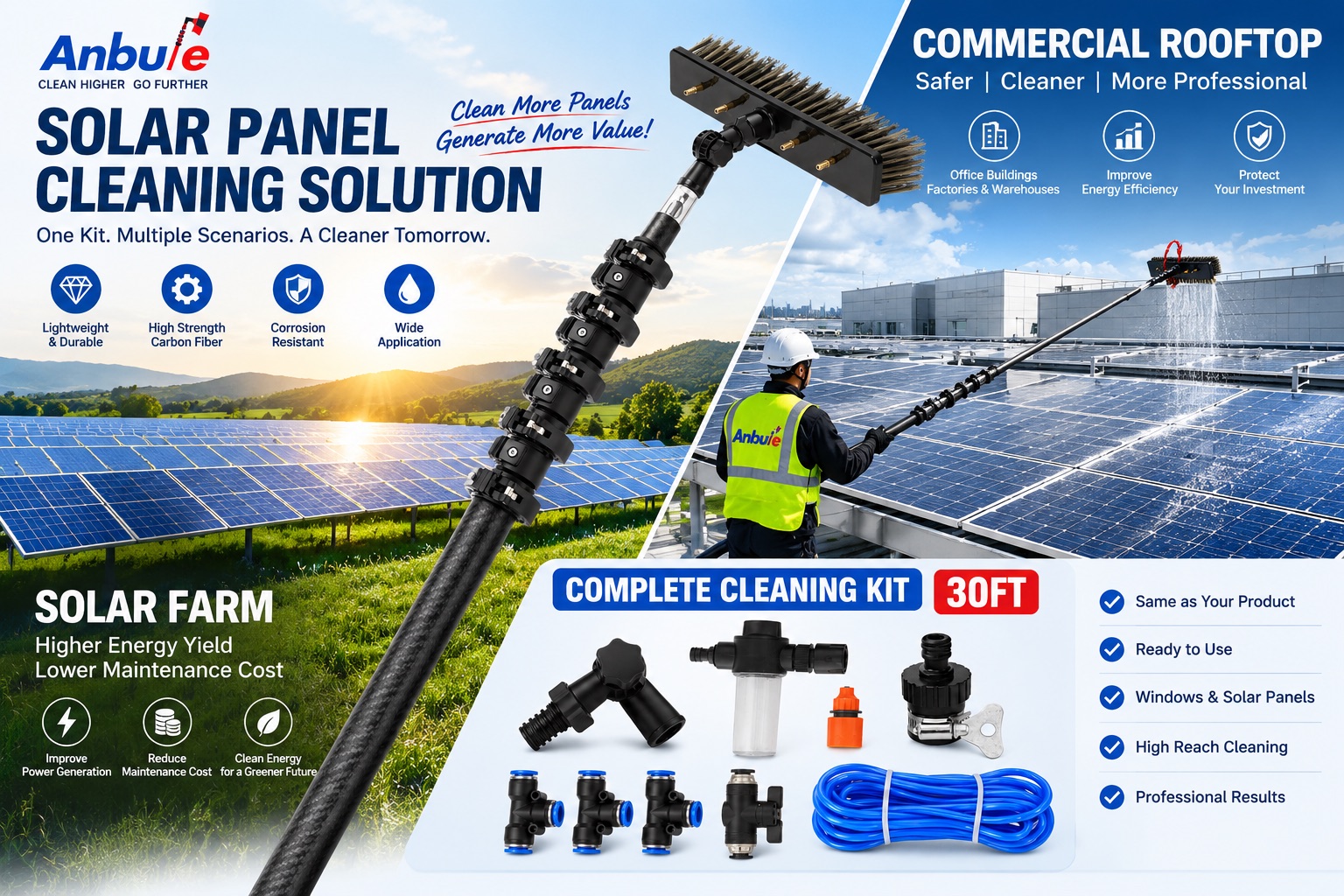 Water fed carbon fiber pole application examples for glass and solar panel cleaning