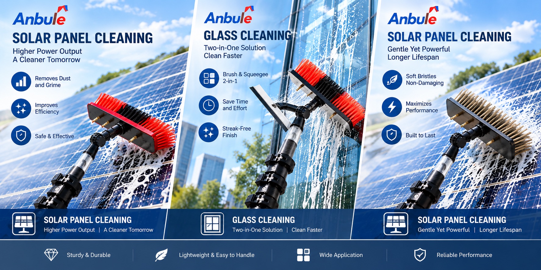 Water fed carbon fiber pole application examples for glass and solar panel cleaning